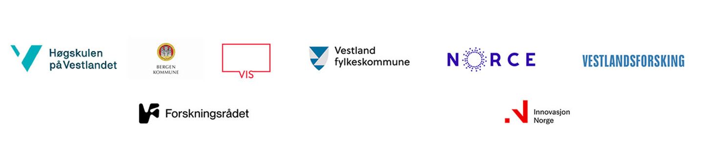 Logoane til Vestland fylkeskommune, Bergen kommune, NORCE, VIS, Forskingsrådet, Høgskulen på Vestlandet, Vestlandsforsking og Innovasjon Norge.
